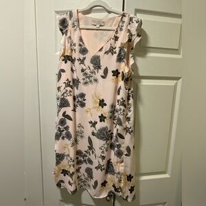 LOFT Floral Ruffle Sleeve Dress - Pink, Black, and Gold